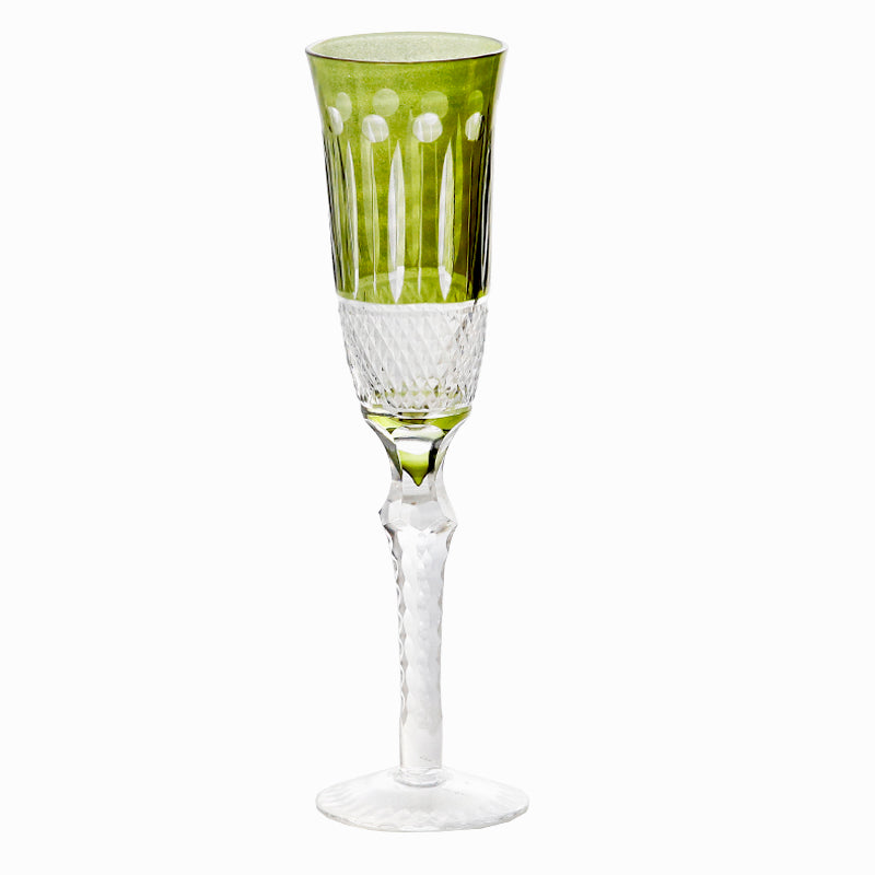 Champagne Flute 5oz Hand Cut Glass Stemware Green