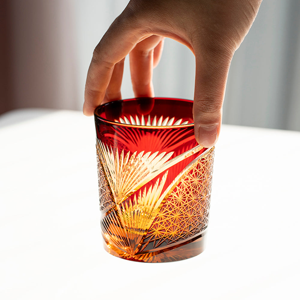 JP-030 250 ml Ruby Red and Amber Tinted Glass Whiskey Cup With Hand Cut Classic Chrysanthemum And Fans 2 different Design