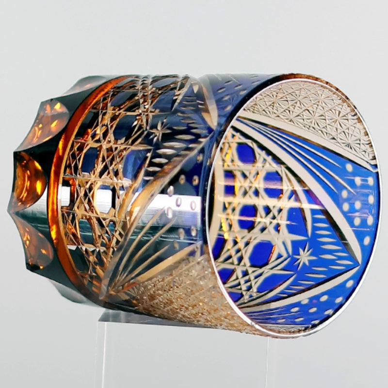 JP-025 Handcrafts Edo Kiriko‘s Amber Blue Tinted Glass Whiskey Tumbler Hand Cuts Octagonal Basket Weave and Chrysanthemum Pattern