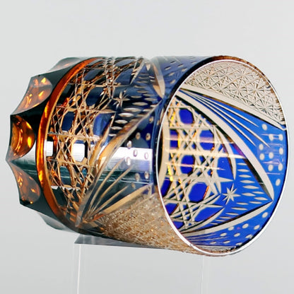 JP-025 Handcrafts Edo Kiriko‘s Amber Blue Tinted Glass Whiskey Tumbler Hand Cuts Octagonal Basket Weave and Chrysanthemum Pattern