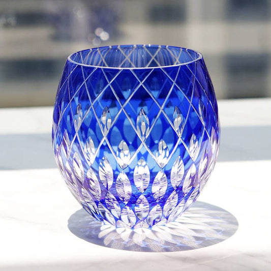 JP-061 330 ml Cobalt Blue Hand Engraved Round Curved Shape Bohemian Crystal Cocktails Tumbler Dark Blue Colored Crystal GlassWhisky Tumbler With Cutting Raindrop design