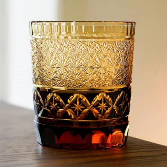 JP-047 250 ml Japanese Style Edo Kiriko Black Whiskey Glass Tumblers with hand cut Shippo / seven treasures design