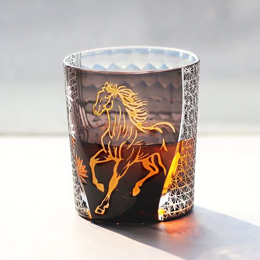 JP-033 New Edo Kiriko Handcrafted Meiba Whisky Glass Tumbler Black with Gold Hand Cutting Zodiac Horse