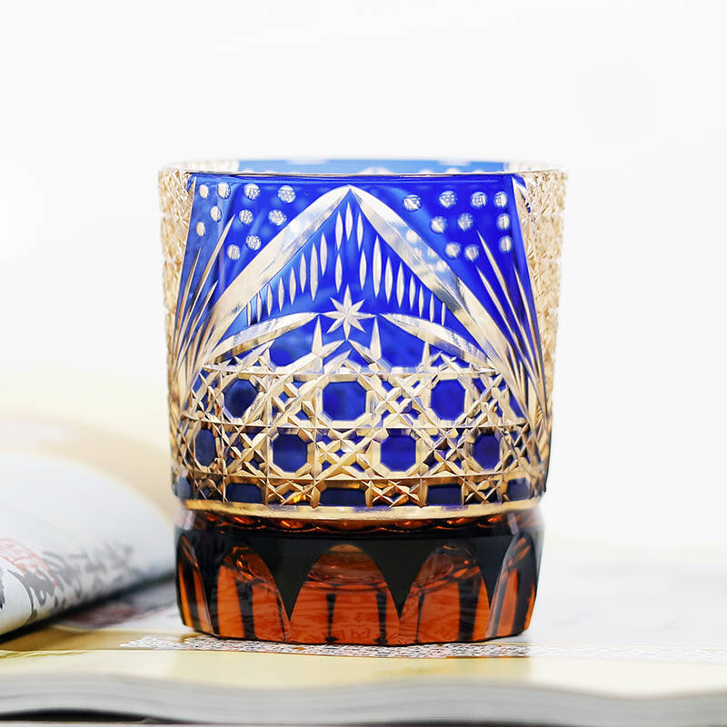 JP-025 Handcrafts Edo Kiriko‘s Amber Blue Tinted Glass Whiskey Tumbler Hand Cuts Octagonal Basket Weave and Chrysanthemum Pattern