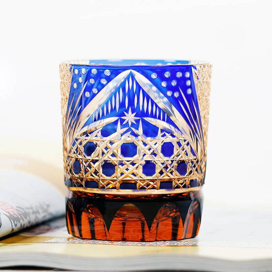 JP-025 Handcrafts Edo Kiriko‘s Amber Blue Tinted Glass Whiskey Tumbler Hand Cuts Octagonal Basket Weave and Chrysanthemum Pattern