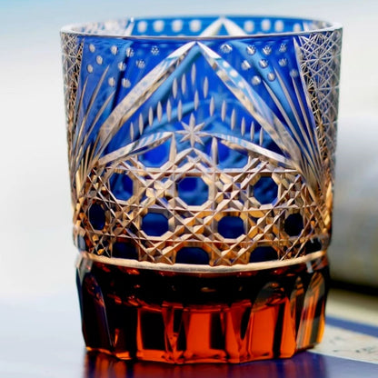 JP-025 Handcrafts Edo Kiriko‘s Amber Blue Tinted Glass Whiskey Tumbler Hand Cuts Octagonal Basket Weave and Chrysanthemum Pattern