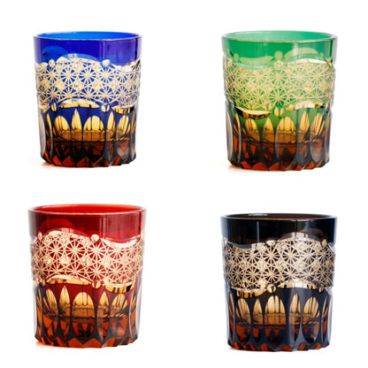 JP-054  250 ml  Japanesque Style Black and Amber Color Cased Glass Whiskey Tumblers with Hand Carved Mountain and Lotus Design