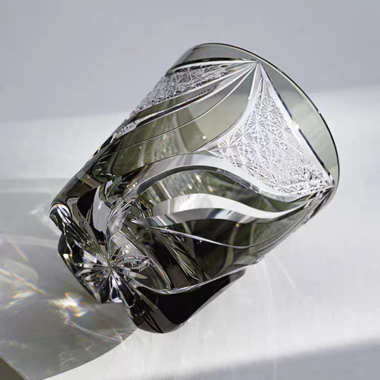 JP-139 9 oz Hand Cut to Clear Grey Crystal Glass Whiskey Tumbler Edo Kiriko Summer Old Fashioned Glasses Gift Box