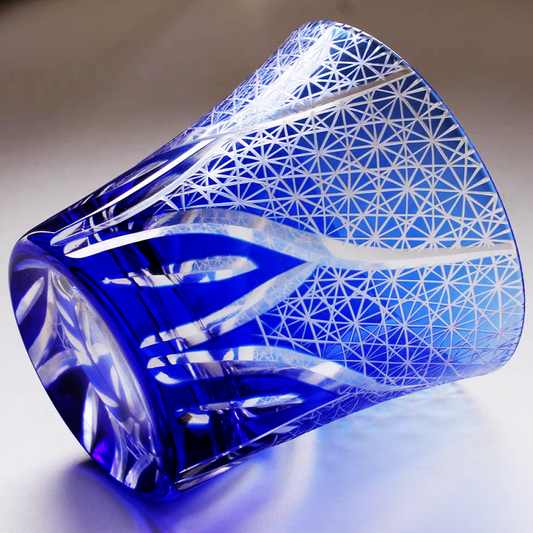 JP-017 220ml  Flared Shaped  Hand Cut To Clear Blue Glass Tumblers Edo Kiriko's Sea Wave Design For Cocktail, Whiskey ,Juice