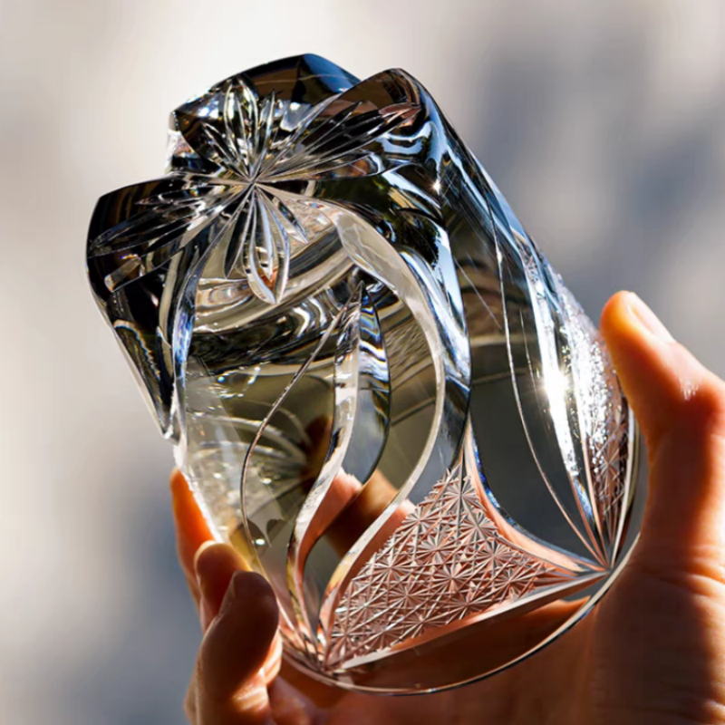 JP-139 9 oz Hand Cut to Clear Grey Crystal Glass Whiskey Tumbler Edo Kiriko Summer Old Fashioned Glasses Gift Box