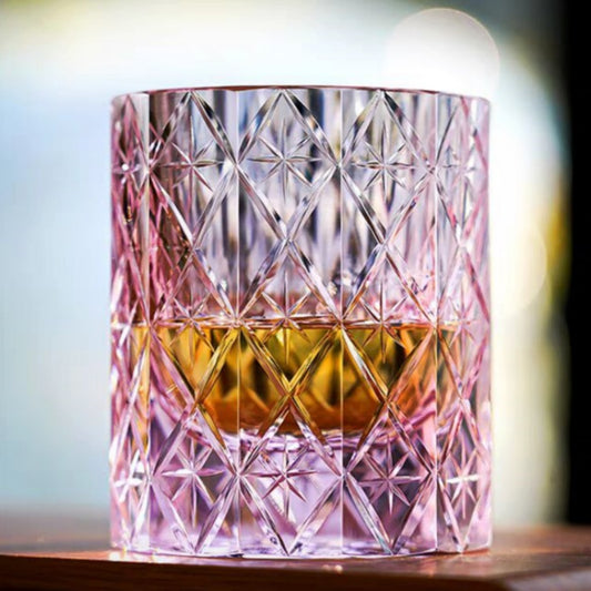 JP-129  Oceans Of Stars K9 Crystal Glass Whiskey Tumbler Edo Kiriko Rock Glass Hand Cutting Pink Crystal Glass Cocktail Tumblers 7 oz