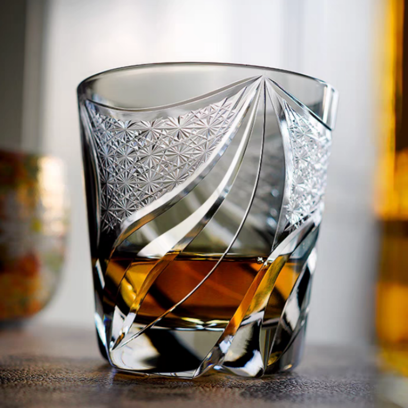 JP-139 9 oz Hand Cut to Clear Grey Crystal Glass Whiskey Tumbler Edo Kiriko Summer Old Fashioned Glasses Gift Box