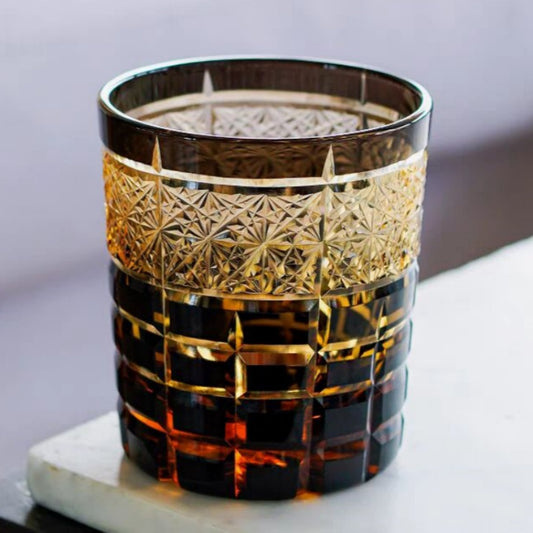 JP-021  Handmade Black Amber Cased Glass Whiskey Tumbler Rock Glass With Hand Cut Checked Chrysanthemum Pattern
