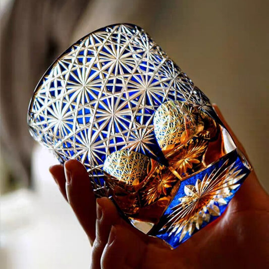 JP-048-2  Handcrafts Japanese Style Whiskey Glasses Blue Amber Clear 3 Layer Color Tinted Glass With Edo Kiriko's Chrysanthemum Design In Gift Box