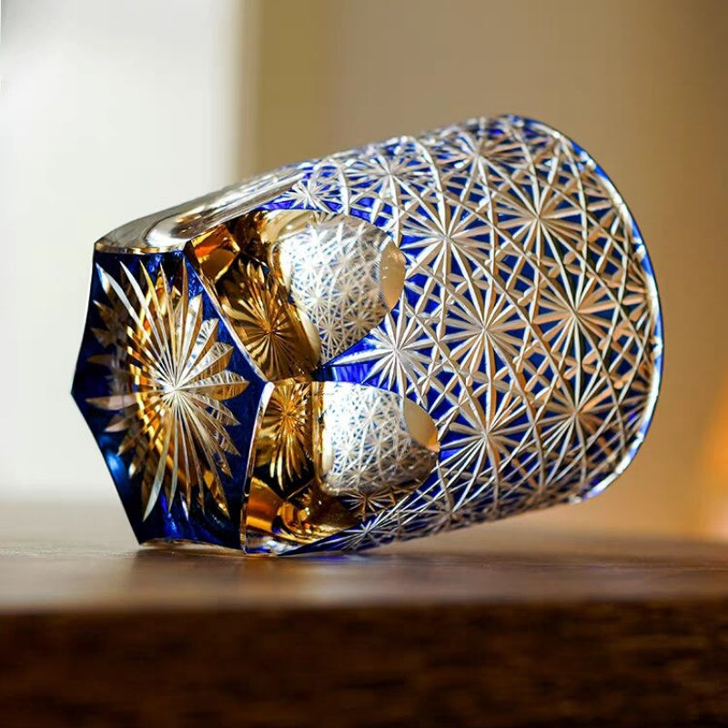 JP-048-2  Handcrafts Japanese Style Whiskey Glasses Blue Amber Clear 3 Layer Color Tinted Glass With Edo Kiriko's Chrysanthemum Design In Gift Box