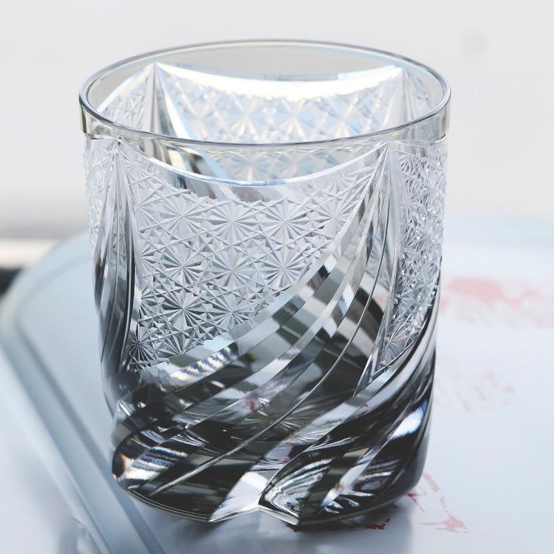 JP-139 9 oz Hand Cut to Clear Grey Crystal Glass Whiskey Tumbler Edo Kiriko Summer Old Fashioned Glasses Gift Box
