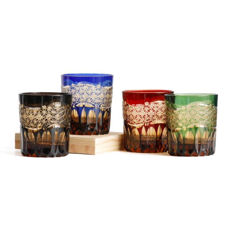 Multi‑color double‑layer overlay hand‑blown glass tumbler set, hand‑cut Edo Kiriko star pattern bar drinking glasses