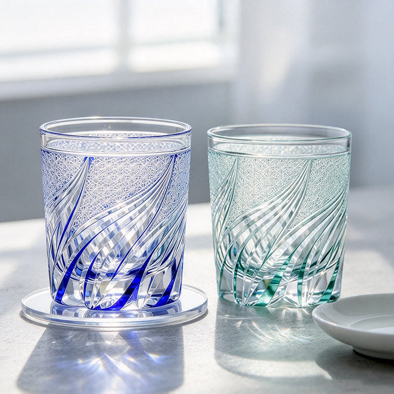 Luxury Edo Kiriko Glass Tumbler Hand Cut To Clear Blue Green 9oz