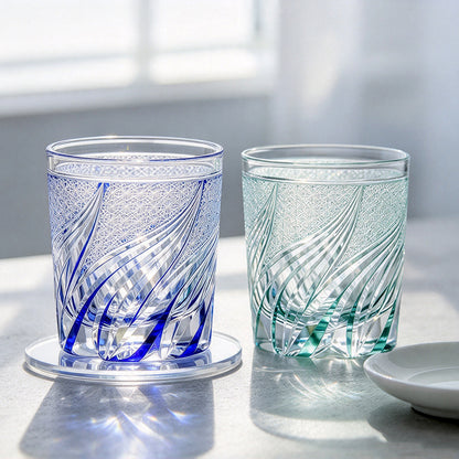 Luxury Edo Kiriko Glass Tumbler Hand Cut To Clear Blue Green 9oz