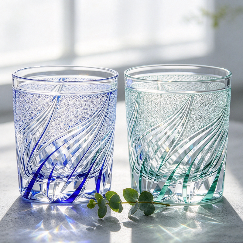 Luxury Edo Kiriko Glass Tumbler Hand Cut To Clear Blue Green 9oz