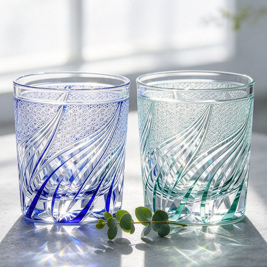 Luxury Edo Kiriko Glass Tumbler Hand Cut To Clear Blue Green 9oz