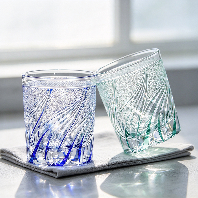Luxury Edo Kiriko Glass Tumbler Hand Cut To Clear Blue Green 9oz