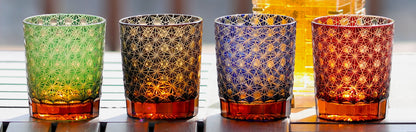 JP-022  240ml Edo Kiriko Old Fashioned Glass Tumbler Blue and amber color cased Glass Whiskey Tumblers with classic Japanesque Hand cut design