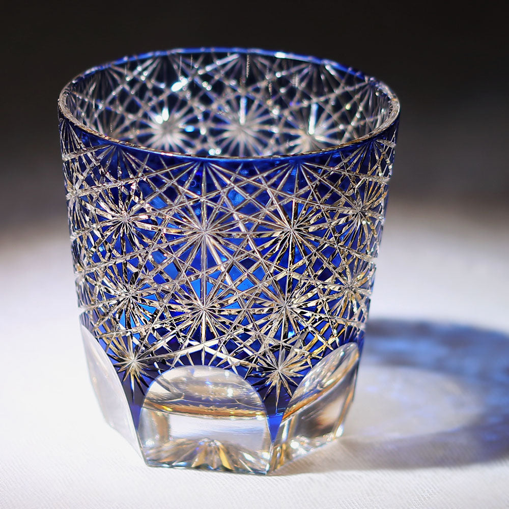 24% Lead Crystal Chrysanthemum Whiskey Glass Blue 11oz