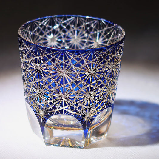 JP-048-4 320ml New Handcrafts Edo Kiriko Lead Crystal Glass Whiskey Tumblers Blue with Gift Box