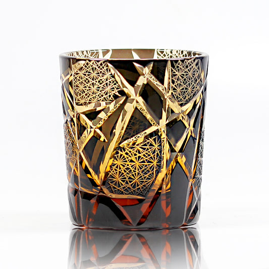 Hand Cut Lightning Whiskey Glass Tumbler Amber Black 9oz