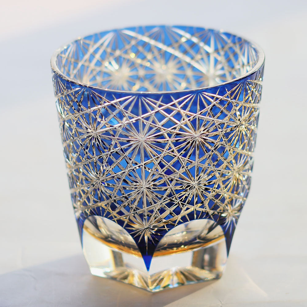 24% Lead Crystal Chrysanthemum Whiskey Glass Blue 11oz