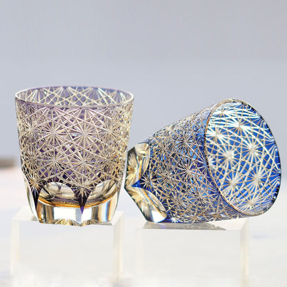 24% Lead Crystal Chrysanthemum Whiskey Glass Blue 11oz