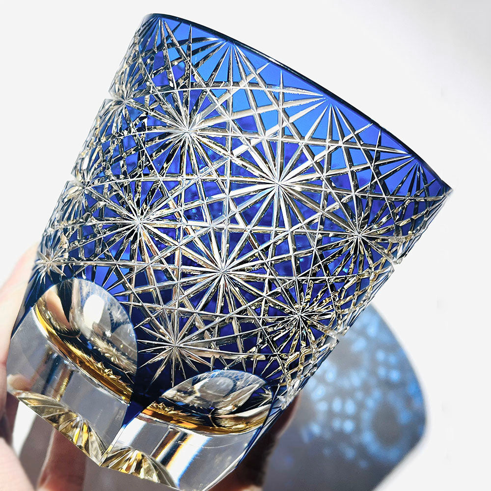 24% Lead Crystal Chrysanthemum Whiskey Glass Blue 11oz