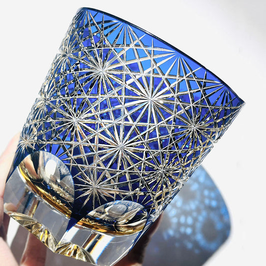 JP-048-4 320ml New Handcrafts Edo Kiriko Lead Crystal Glass Whiskey Tumblers Blue with Gift Box