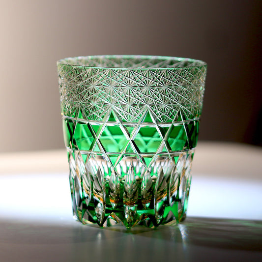JP-107  New Product Handcrafted Green Lead Crystal Glass Fluorite Whisky Tumbler Japanese Style Old Fashioned Glasses With Gift Box