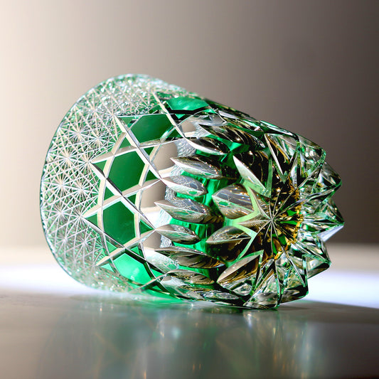 JP-107  New Product Handcrafted Green Lead Crystal Glass Fluorite Whisky Tumbler Japanese Style Old Fashioned Glasses With Gift Box