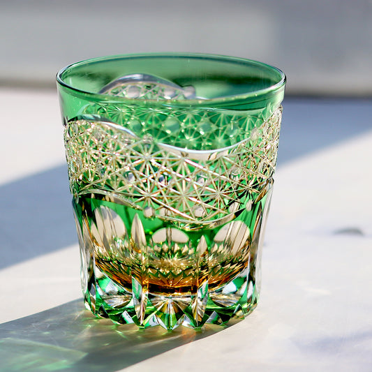 JP-049-L  New 32 cl Japanese Style Green Lead Crystal Glass Whiskey Tumbler Handcrafts  Purple Amber Crystal Glass Whiskey Tumbler Edo Kiriko's Chrysanthemum Mesh And Globular Design