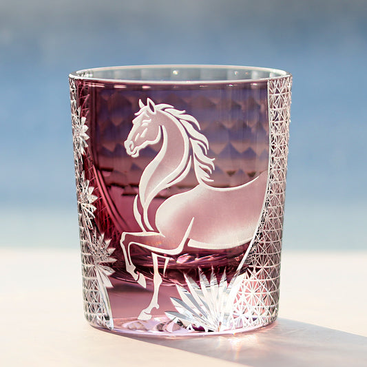 JP-035 250 ml Edo Kiriko Handcrafted Meiba Whisky Glass Tumbler Purple Hand Cutting Zodiac Horse Design