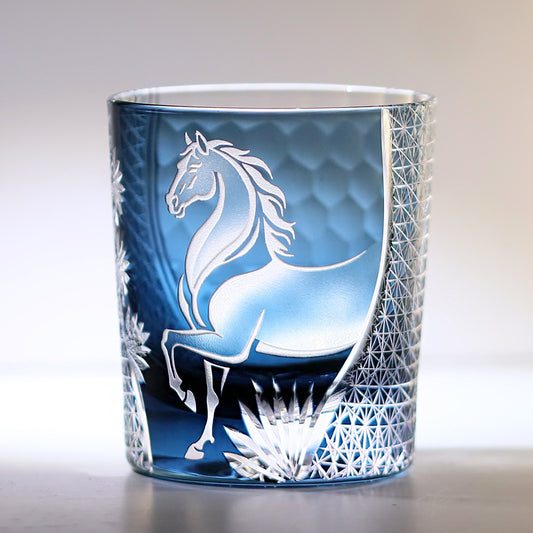 JP-035 250 ml Edo Kiriko Handcrafted Meiba Zodiac Horse Whisky Glass Tumbler Smokey Blue