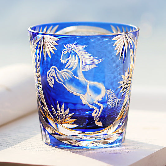 JP-034  320ml Blue Handcrafted Meiba Whisky Glass Tumbler Edo Kiriko Old Fashioned Glasses Hand Engraved Zodiac Horse Pattern