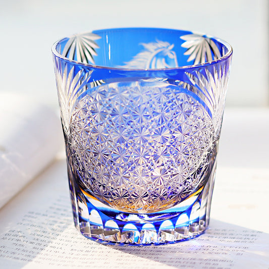 JP-034  320ml Blue Handcrafted Meiba Whisky Glass Tumbler Edo Kiriko Old Fashioned Glasses Hand Engraved Zodiac Horse Pattern