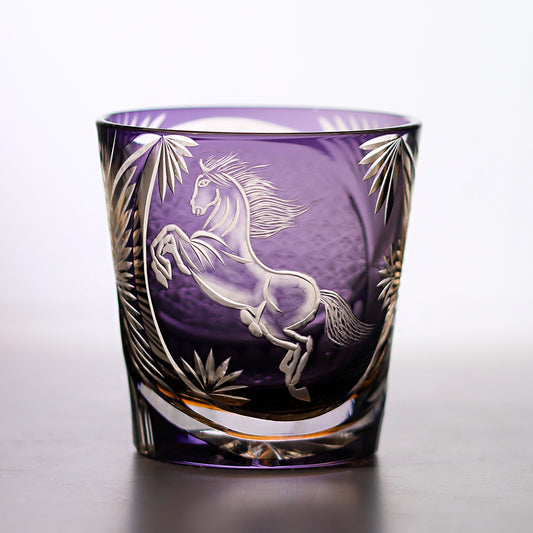 JP-034  320ml Edo Kiriko Handcrafted Meiba Whisky Glass Tumbler Purple Old Fashioned Glasses Hand Cutting Zodiac Horse Design