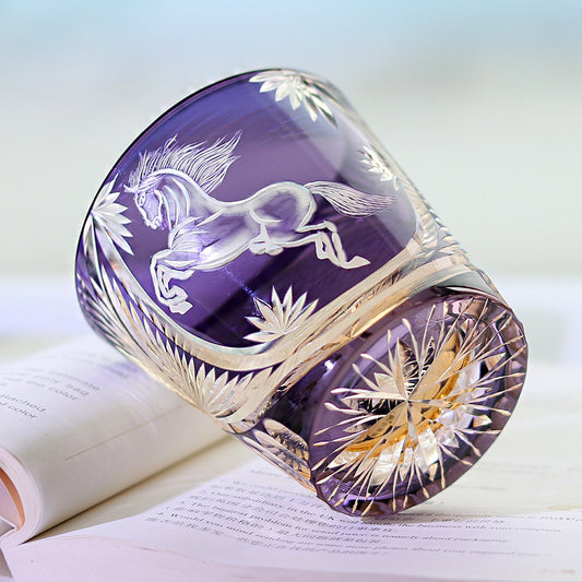 JP-034  320ml Edo Kiriko Handcrafted Meiba Whisky Glass Tumbler Purple Old Fashioned Glasses Hand Cutting Zodiac Horse Design