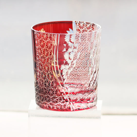 JP-033 New Edo Kiriko Handcrafted Meiba Whisky Glass Tumbler Red with Gold Hand Cutting Zodiac Horse