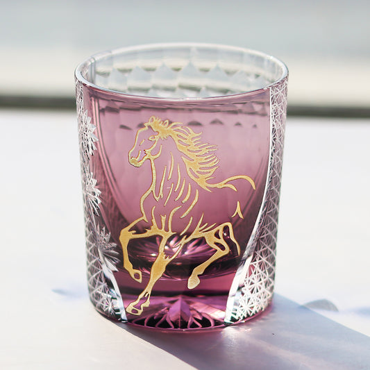 JP-033 New Edo Kiriko Handcrafted Meiba Whisky Glass Tumbler Purple with Gold Hand Cutting Zodiac Horse