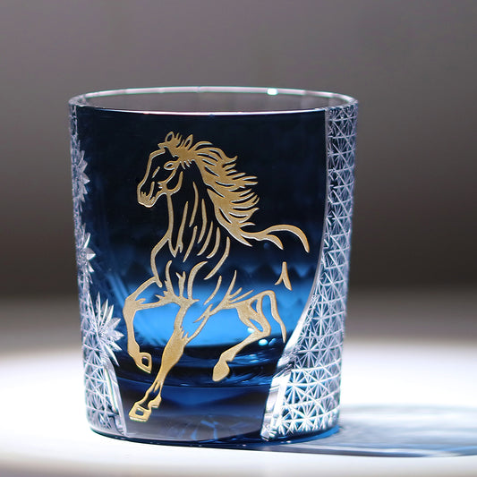 JP-033 New Edo Kiriko Handcrafted Meiba Whisky Glass Tumbler Smokey Blue with Gold Hand Cutting Zodiac Horse