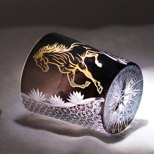 JP-033 New Edo Kiriko Handcrafted Meiba Whisky Glass Tumbler Black with Gold Hand Cutting Zodiac Horse