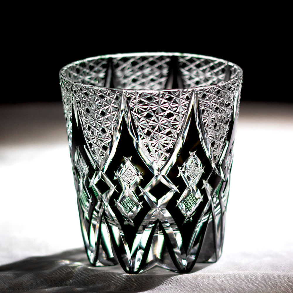 Primary image of Moss Green/Black Crystal Diamond Cut Whiskey Tumbler - hand-cut crystal glassware