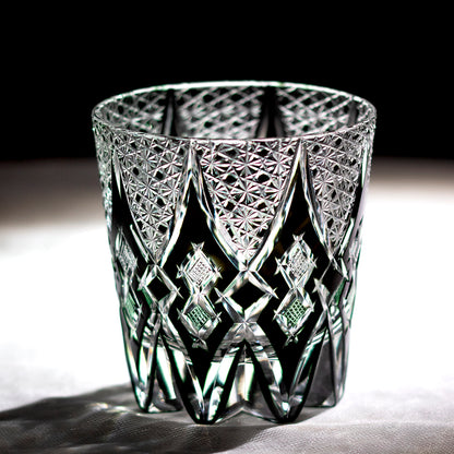 Primary image of Moss Green/Black Crystal Diamond Cut Whiskey Tumbler - hand-cut crystal glassware
