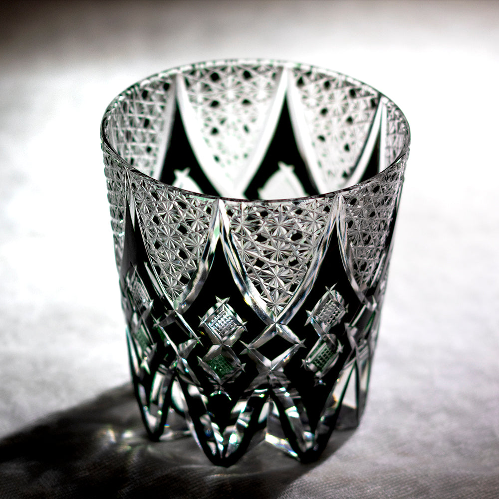Side angle of Moss Green/Black Crystal Diamond Cut Whiskey Tumbler - JINZHI GLASS crystal glassware